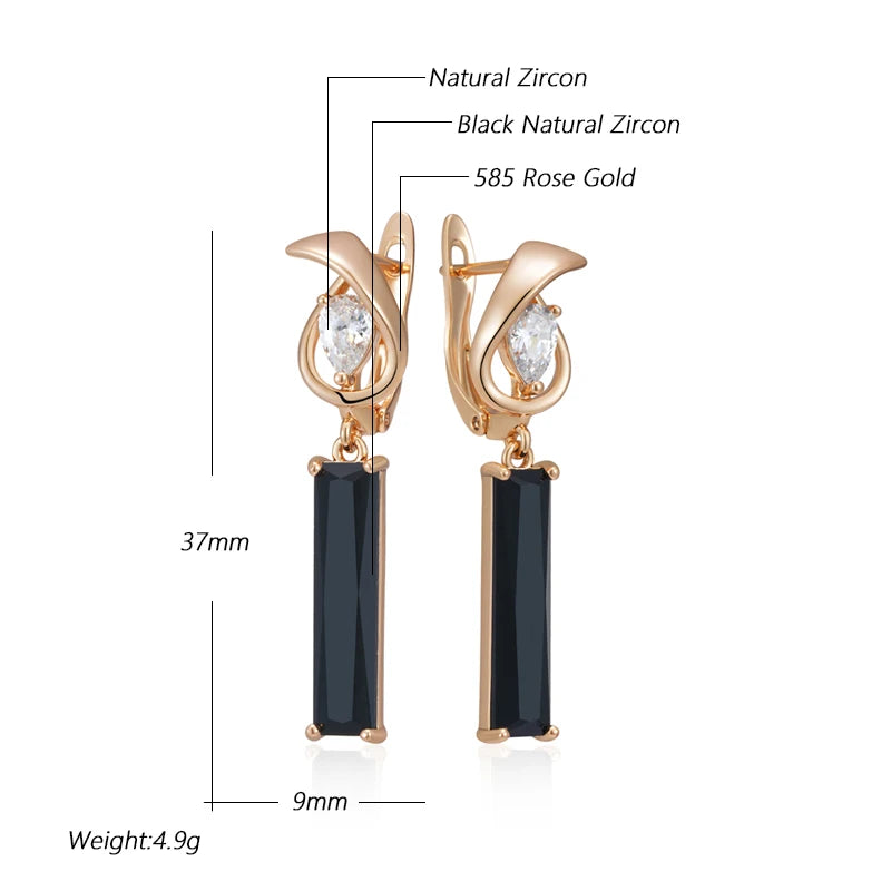 Simple Long Square Black Natural Zircon Drop Earrings For Women 585 Rose Gold Colour