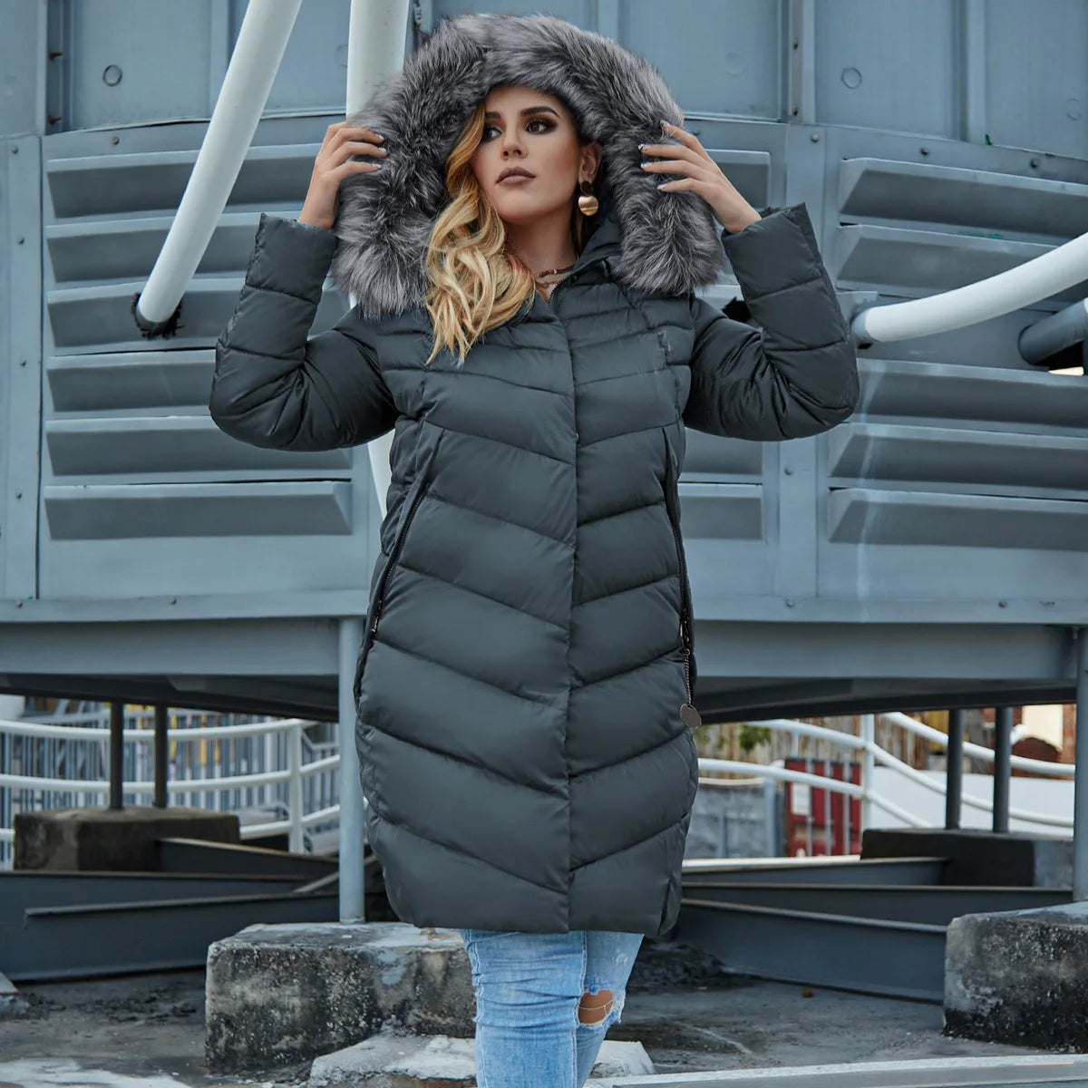 Women's Fur Collar Down Coat - Extra Long Winter Jacket