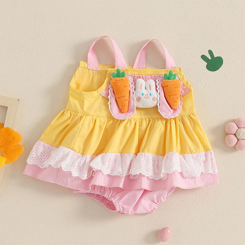 0-18M Lovely Baby Girls Boys Easter Romper Dress Sleeveless Rabbit Carrot Contrast Colour Patchwork Jumpsuits