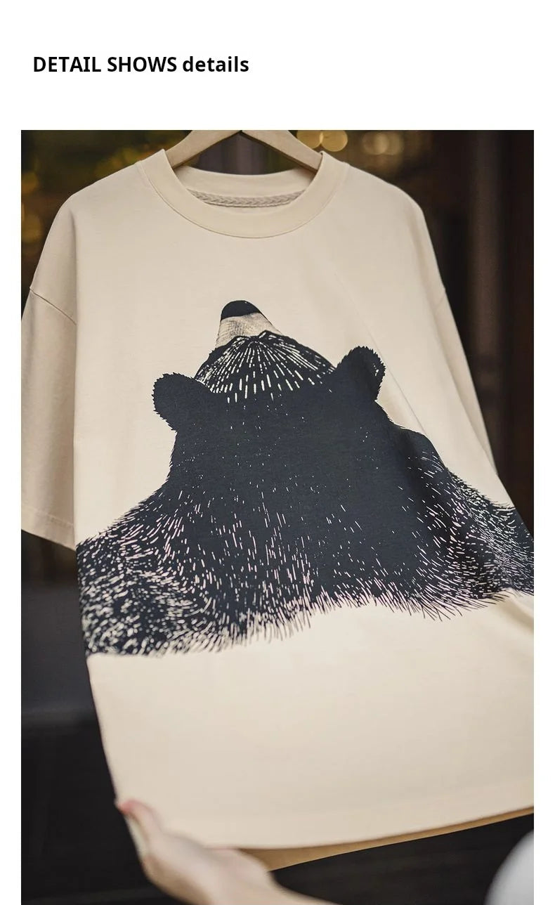 Women's Apricot Bear Print Oversized T-Shirt - Cute Loose Fit Ribbed Crew Neck Summer Tee