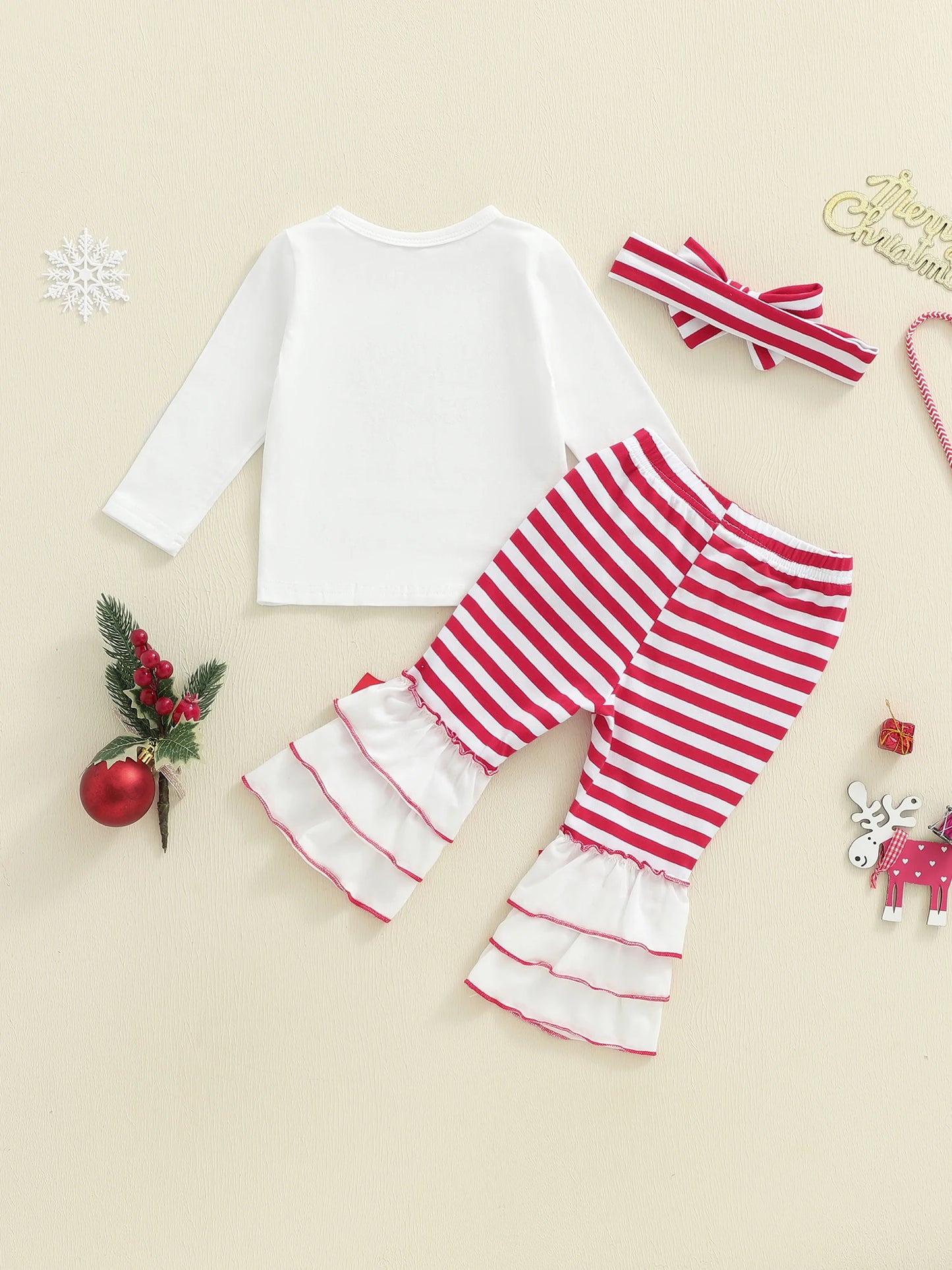Baby Girls Christmas Outfit Set - Candy Cane Embroidery Long Sleeve Top, Flared Pants & Headband (0-3Y)