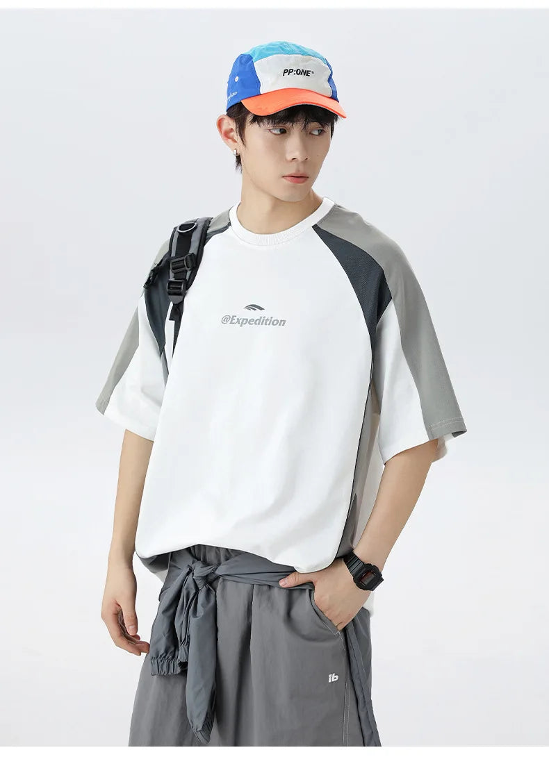 Men's Sports T-Shirt Mesh Breathable Colour Block Letter Print Short Sleeve