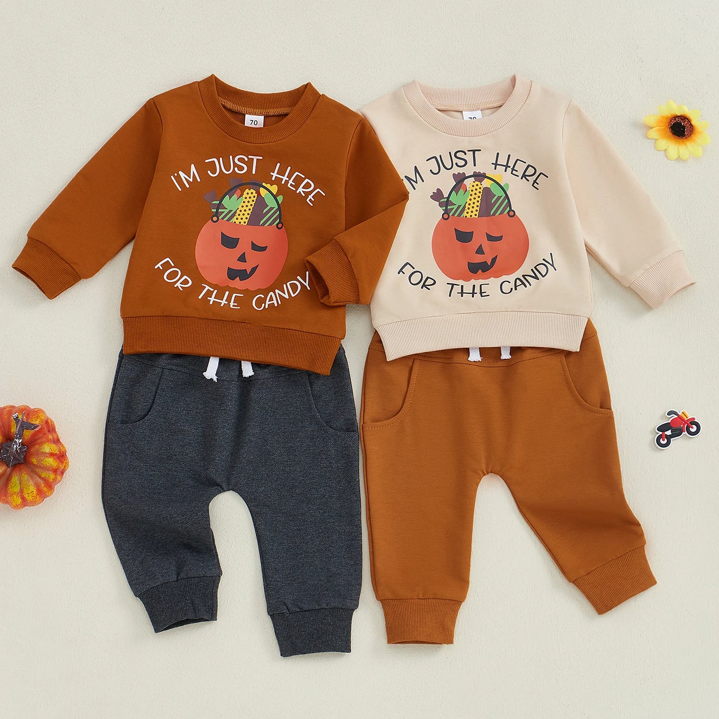 0-3Y Baby Boys Halloween Clothes Set - Pumpkin Letter Print Long Sleeve Sweatshirt Pocket Long Pants