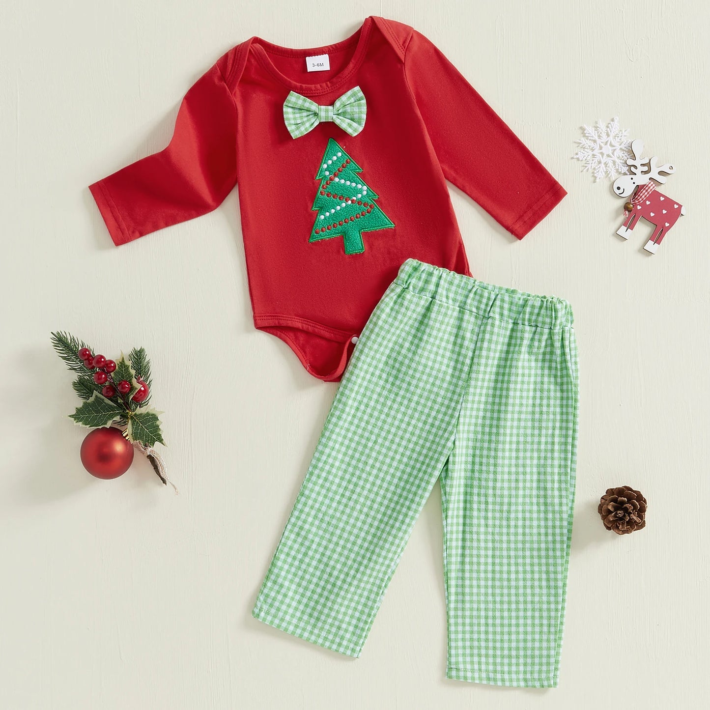 2pcs Baby Boys Christmas Clothes Sets 0-18M = Xmas Tree/Truck Print Bowknot Long Sleeve Romper and Plaid Pants