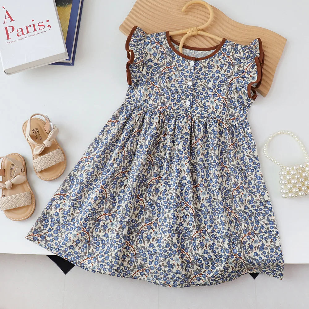 Girls Floral Princess Dress – Summer Sleeveless A-Line with Button Detail