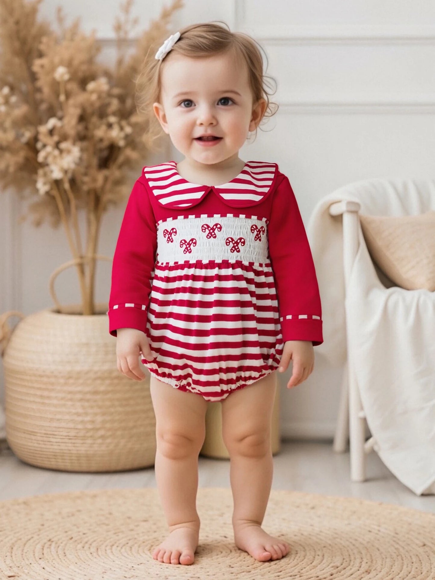 Baby Christmas Romper - Candy Cane Embroidery Long Sleeve Smocked Striped Jumpsuit