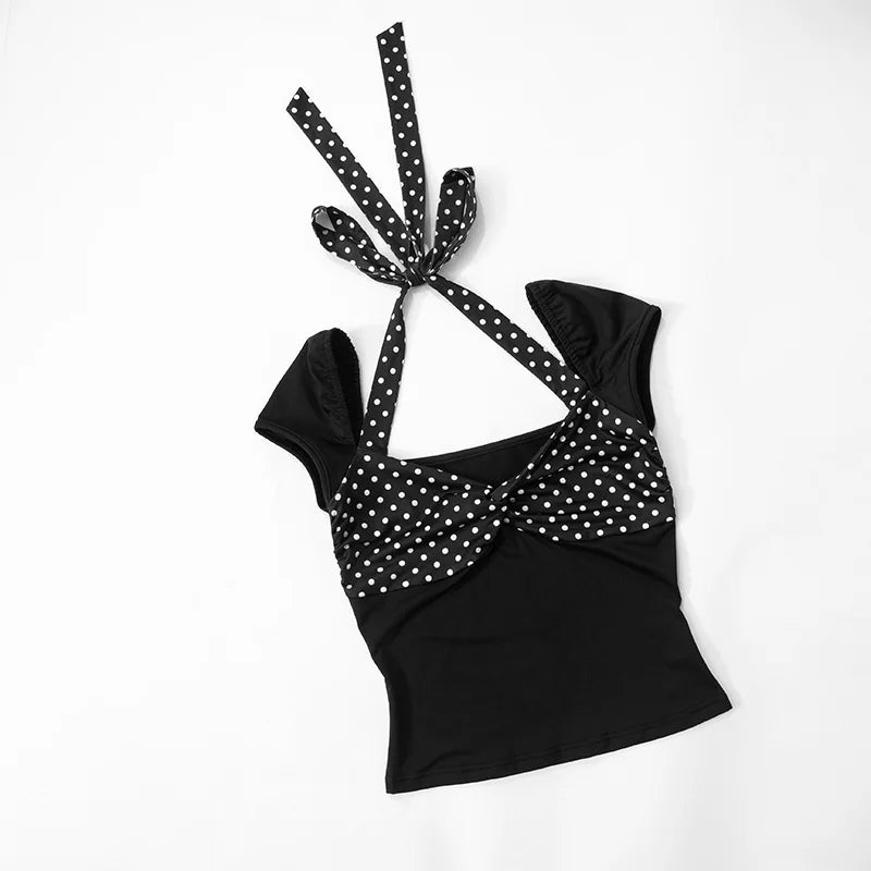 Women's Skirt Two Pieces Set Halter Neck Short Sleeve Top Polka Dot Print Patchwork Skirt Set