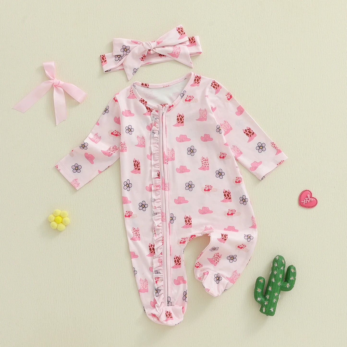 Baby Fall Winter Romper with Floral Hat Print - Zip Up Footed Jumpsuit & Headband (0-18M)