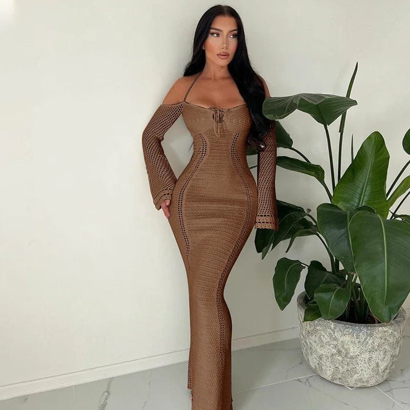 Women's Off Shoulder Halter Knit Dress - Long Sleeve Elegant Backless Tie Front Maxi Dress