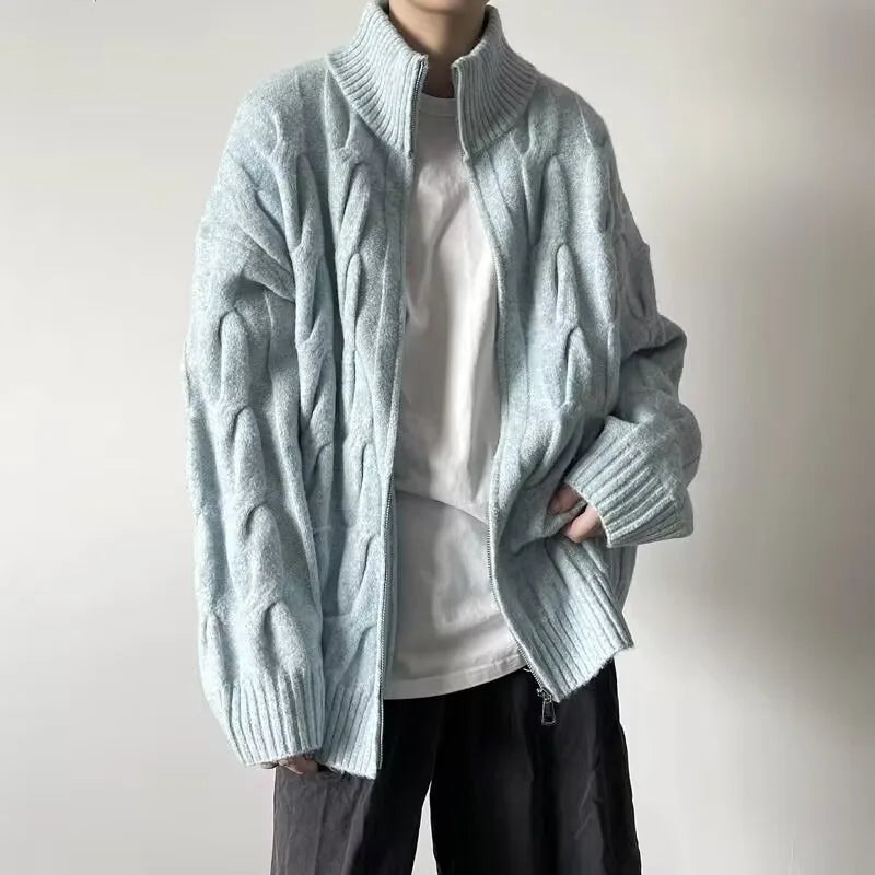 Men's Autumn Winter Stand Collar Cardigan - Loose Knit Sweater Coat