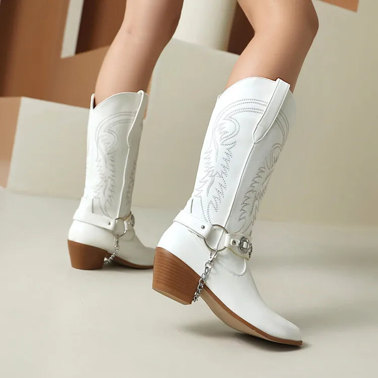 Women's Tapered Circular Metal Chain Chelsea Bohemian Pointed Leather Knee High Boots