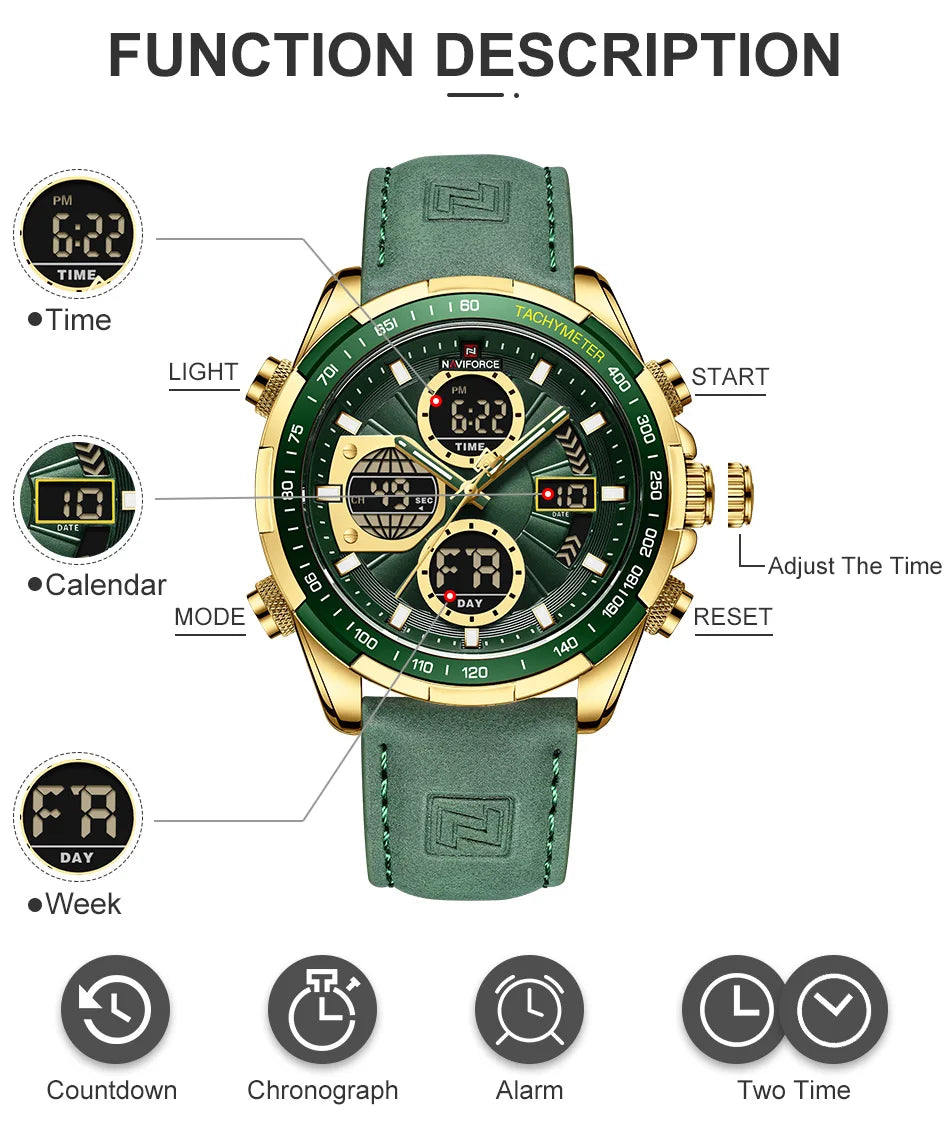 Men's Leather Military Sport Waterproof Watch - Chronograph Quartz Wristwatch