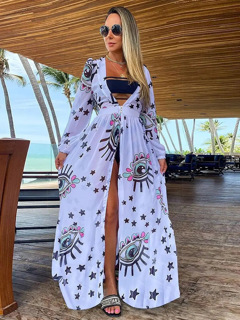 Women's Bikini Beach Cover up Tunics For Long Kaftan Swimsuit Cover Robe Swimsuit Cover-ups Print Beachwear