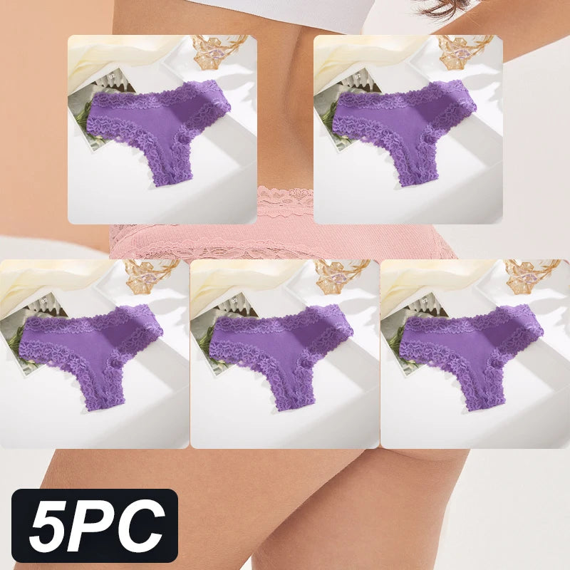 5PCS Women Cotton Lace Underwear Low Waist Briefs Breathable G-String Lingerie