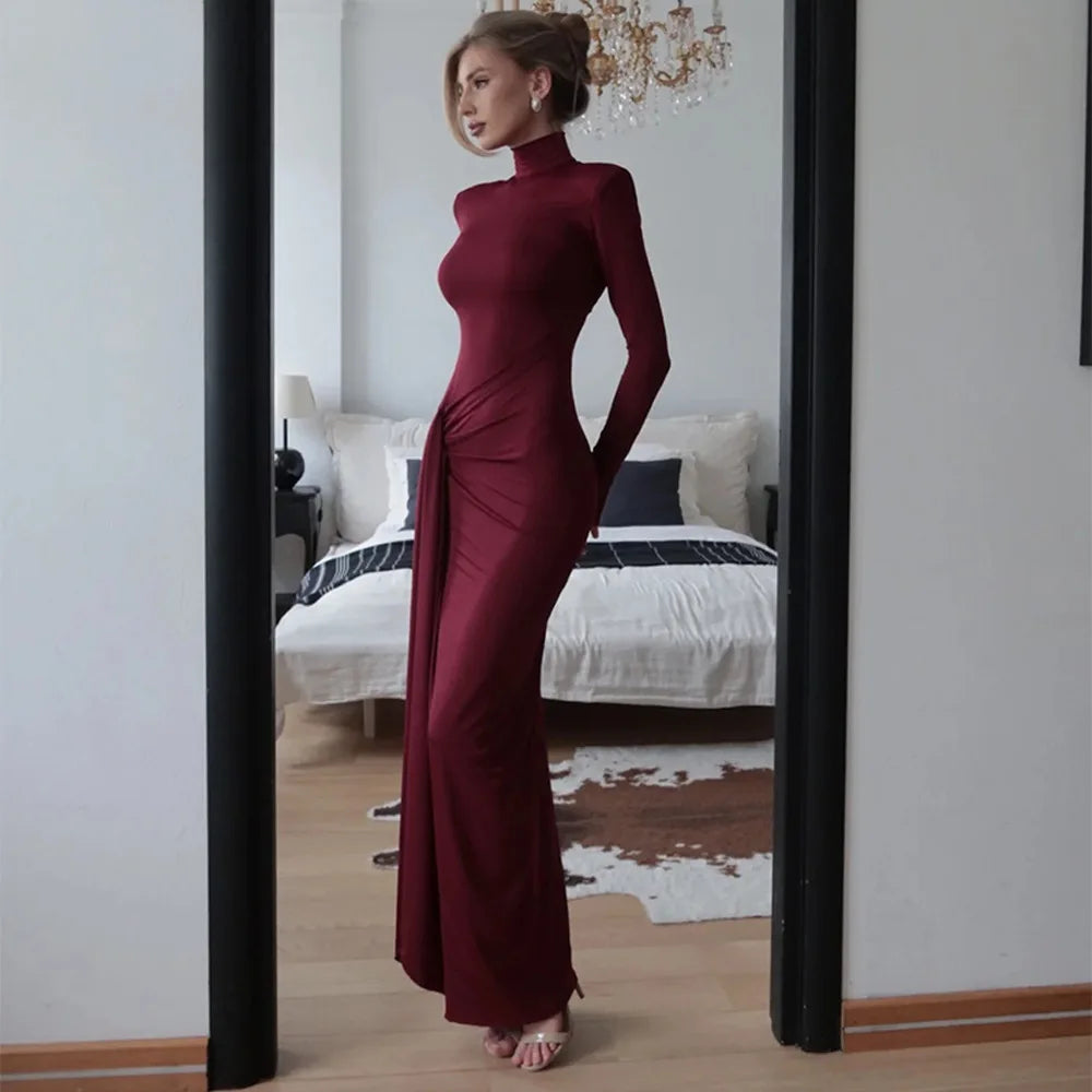 Women's Long Sleeve Turtleneck Maxi Ruched Side Split Bodycon Dress