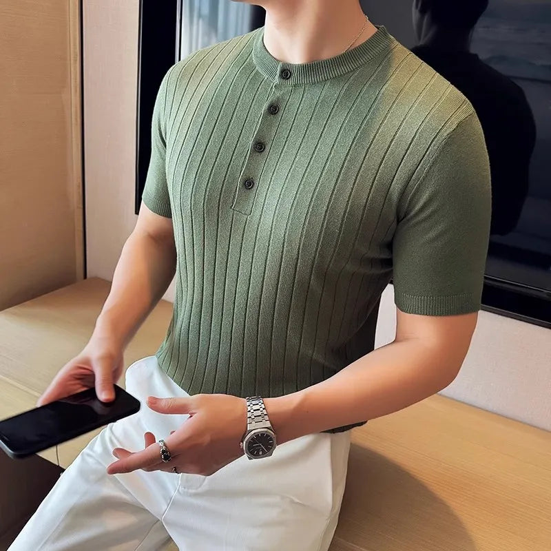 Men's Summer knitted Polo Short Sleeve Smart Casual Henry Collar Slim Fit Knit Shirt