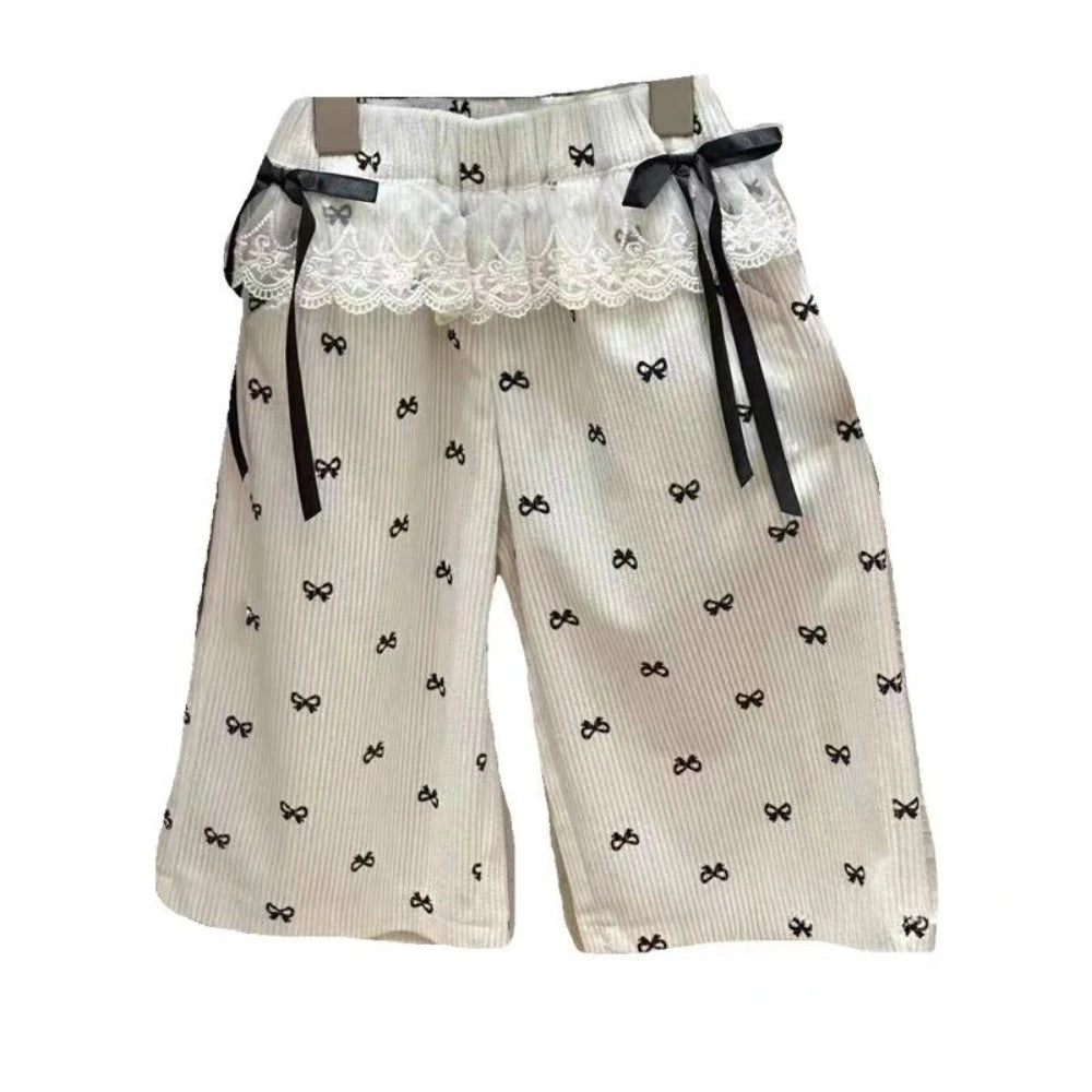 Girl's Summer Bow Print Lace Wide Leg Pants Set 3-6 Years