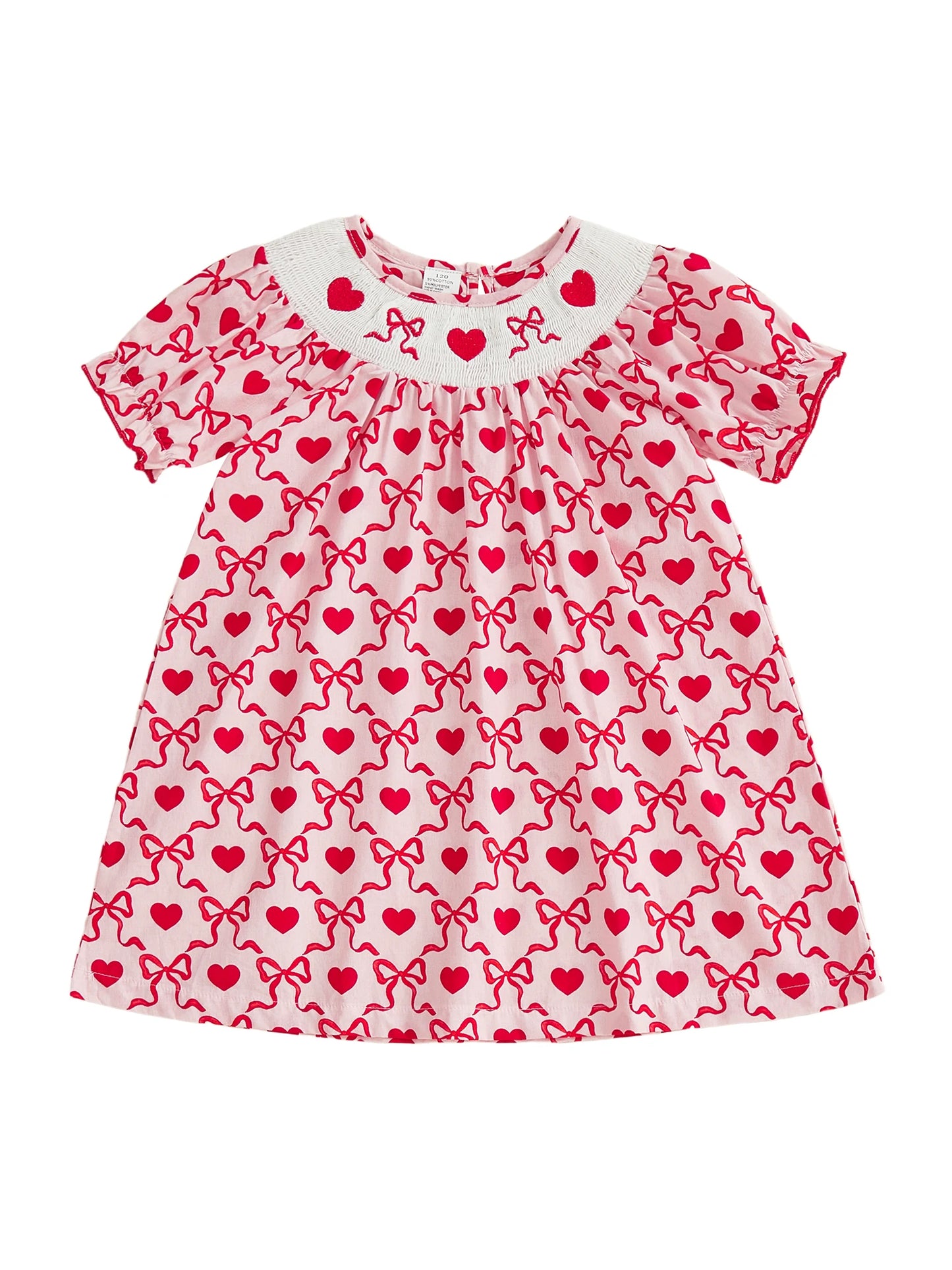 Little Girls Valentine's Day Short Sleeve Heart Embroidery Print A-Line Dress