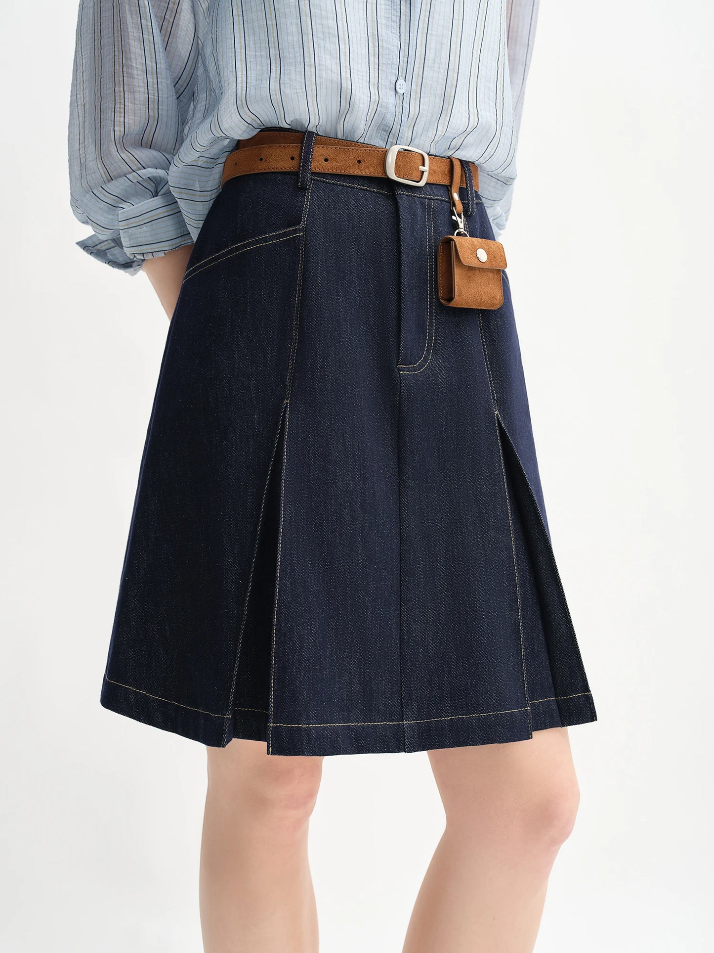 High Waist A-Line Denim Skirt - Contrast Colour Retro Style