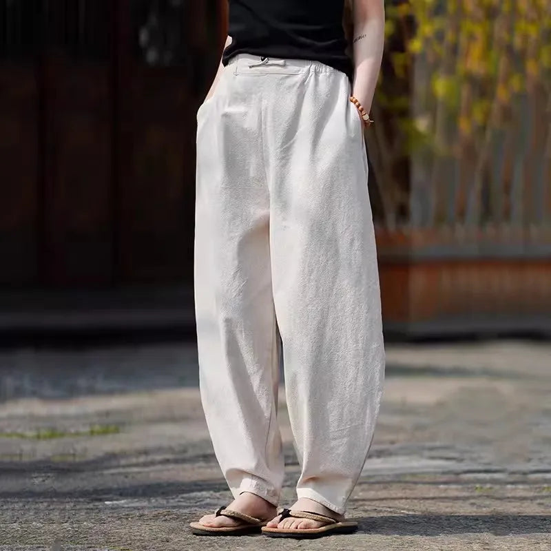 Men's Spring Summer Casual Pants Cotton Linen Chinese Style Wide Leg  Loose Trousers