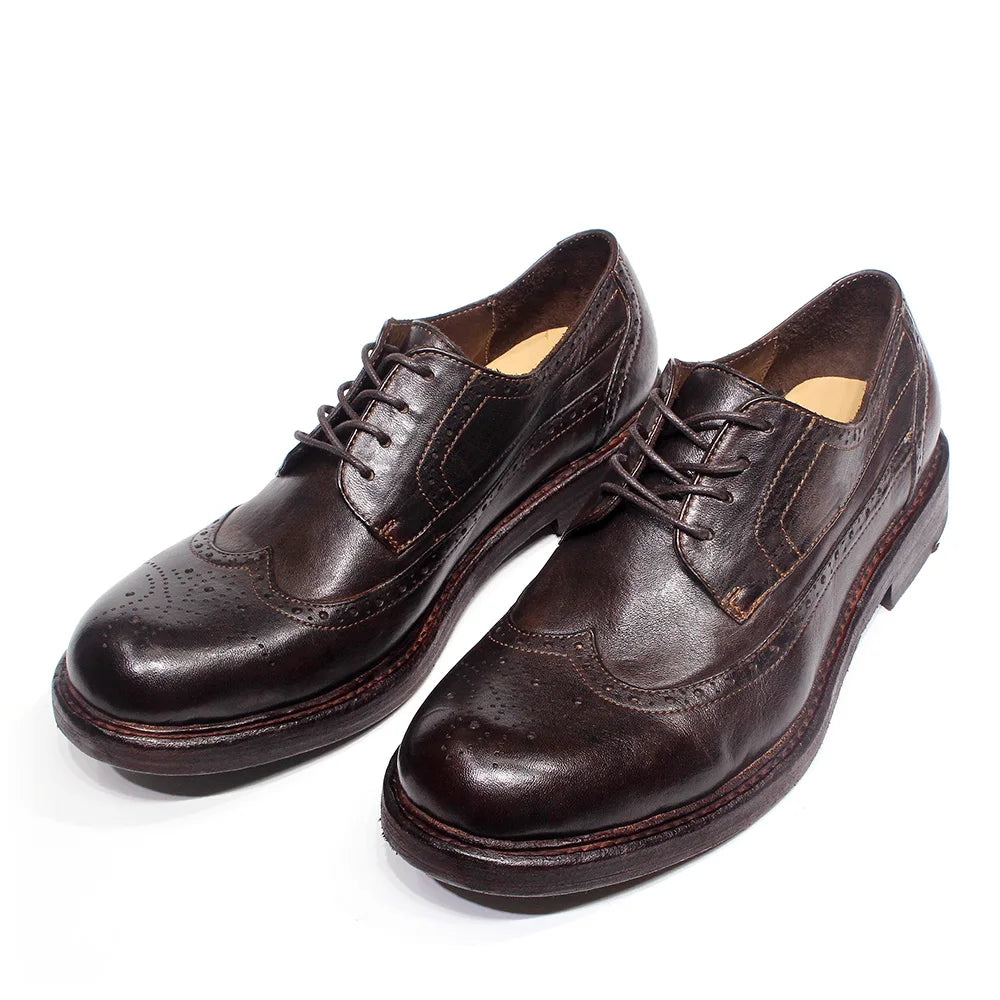 Handmade Stitched Derby Dress Shoes - Soft Calfskin Leather Wingtip Brogue