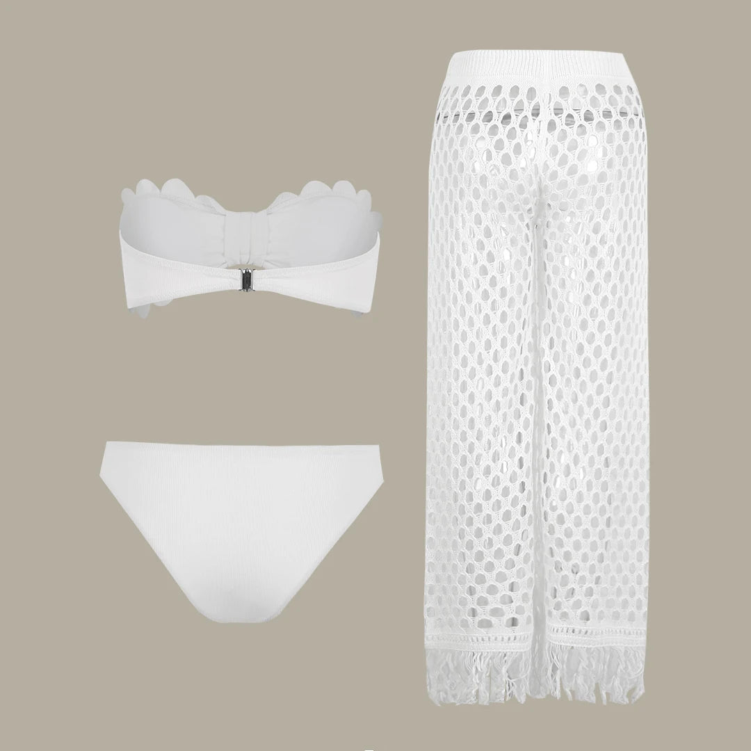 Women's Strapless Tie-Flower Crop Top & High Waist Wide Leg Trousers Set