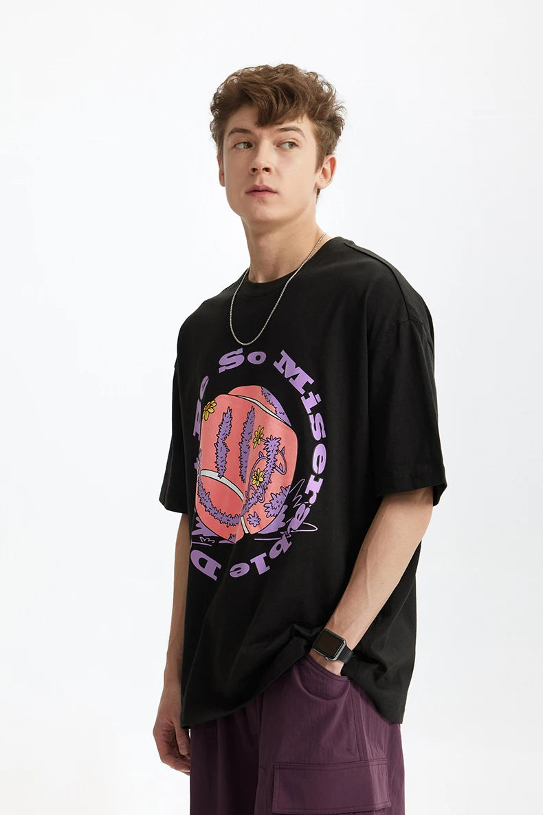 Men's Tennis Graphic Cotton T-Shirt American Vintage Tee Streetwear Loose Fit Crew Neck Short Sleeve