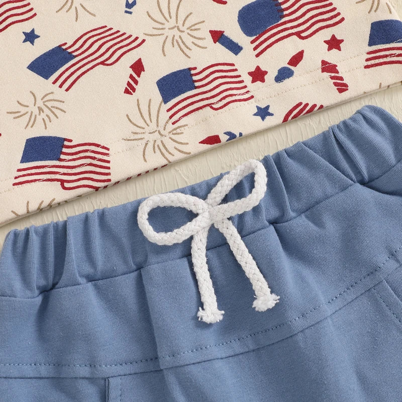 0-3Y Infant Baby Boys American Flag Clothes Sets Short Sleeve Flag Print T Shirts Drawstring Shorts Set