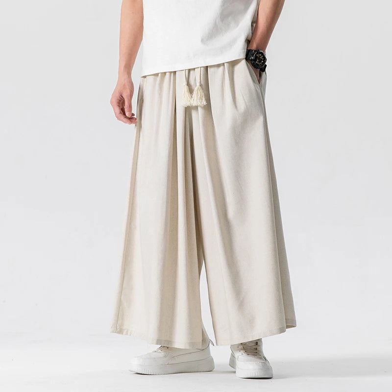 Men's Chinese Style Loose Wide Leg Summer Cotton Linen Casual Trousers