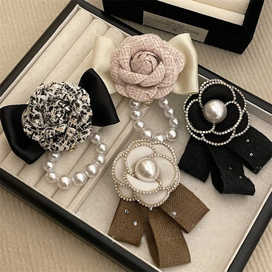 Retro Fabric Camellia Flower Brooch - Bow Crystal Pearl Tassel Lapel Pin