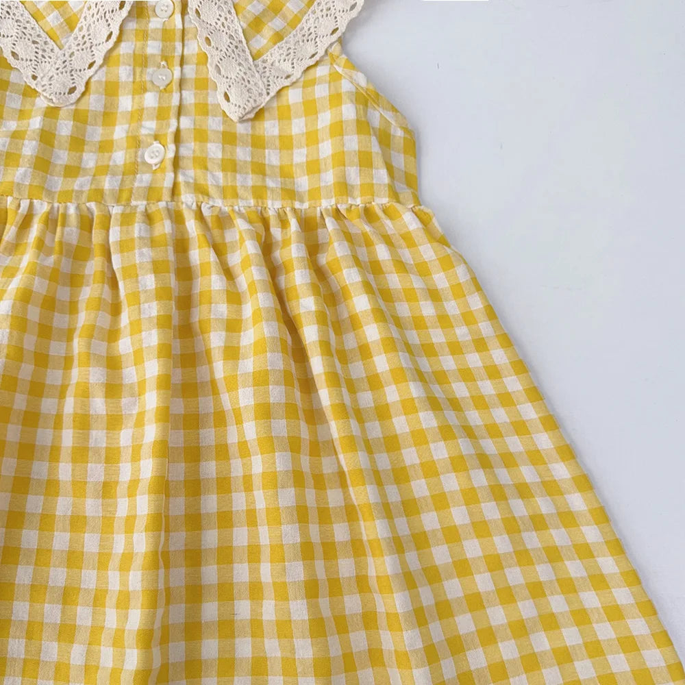 Girl's Lace Lapel Princess Sleeveless Plaid Print Dress
