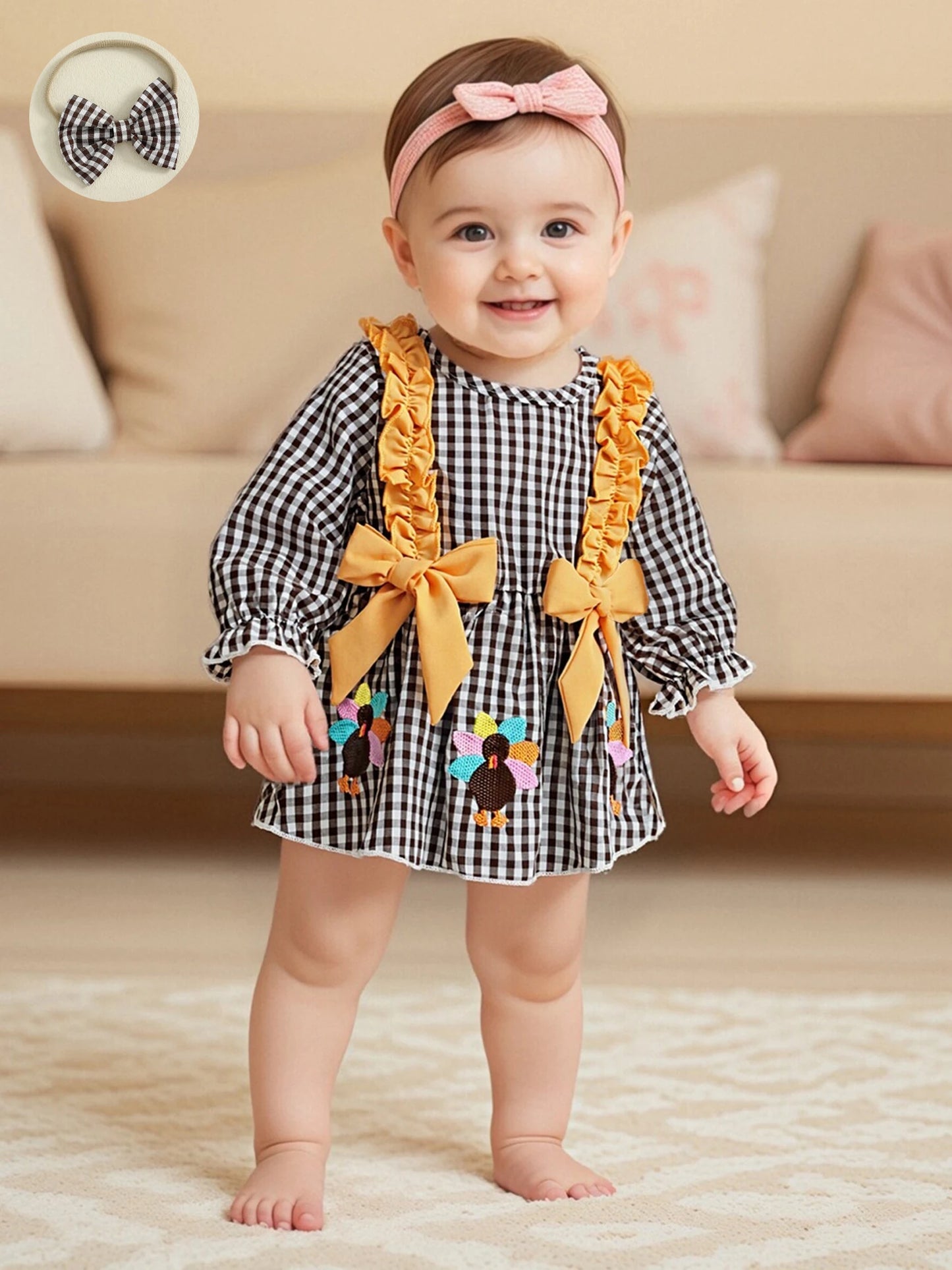 Baby Girls Thanksgiving Romper Dress with Headband - Turkey Plaid Ruffle Long Sleeve Jumpsuit