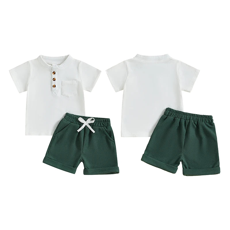Casual Summer Baby Boys Button-Up Outfit Set - Round-Neck Top & Solid Color Shorts (0-4Y)
