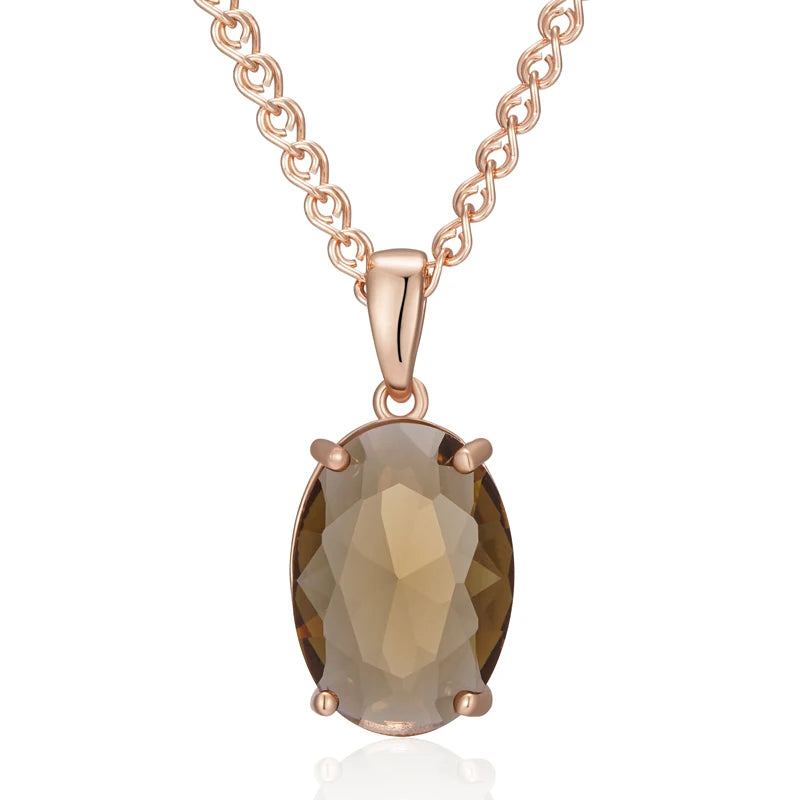 Women's Oval Brown Crystal Pendant Necklace 585 Rose Gold Colour With Natural Zircon