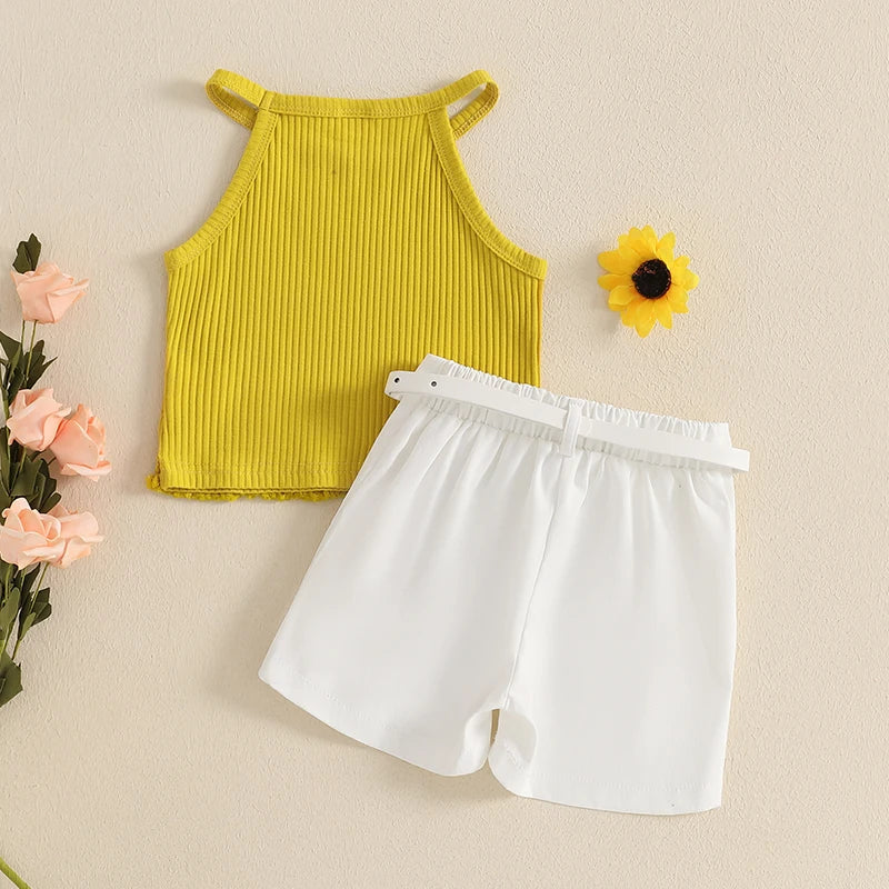 1-5Y Kids Girl's Summer Clothes Set Sleeveless Ribbed Halter Cami Top and Shorts with Belt
