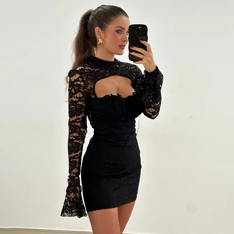 Women's Lace Splice Chest Hollow Dress Women's Tight Waist  Flare Sleeve Mini Dress  Outfit