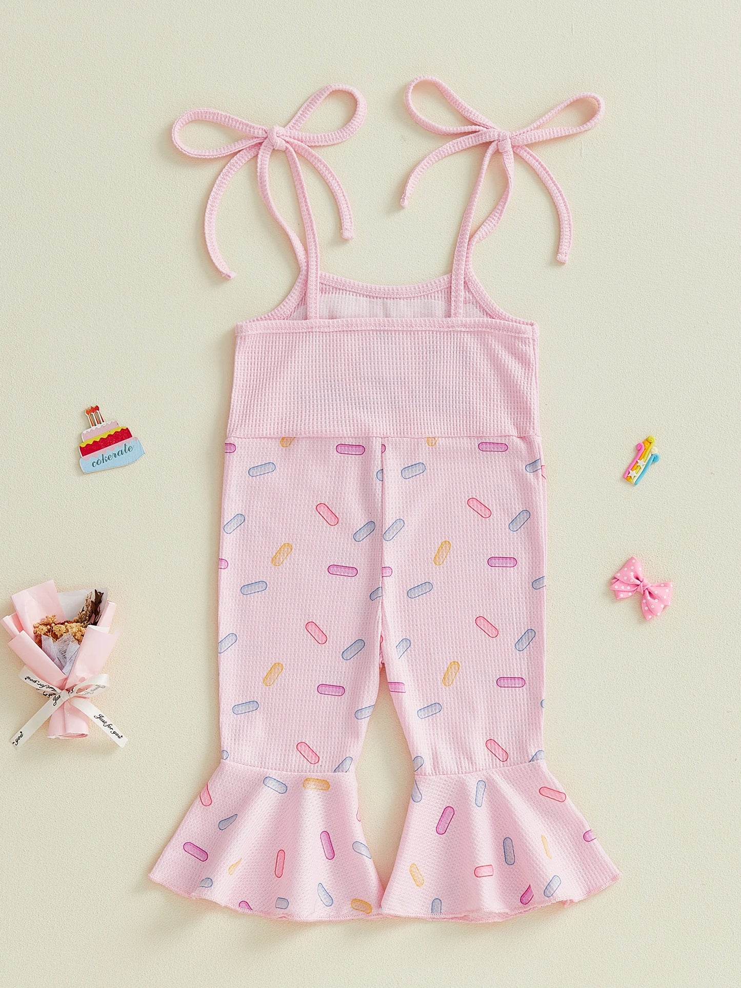Toddler Girls Birthday Overalls Jumpsuit - Cake Embroidery Sleeveless Bell Bottom Flare Pants