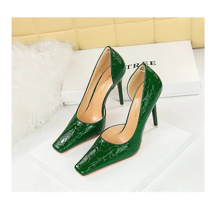 Women's Patent Leather Stone Pattern High Heels Square Head Stilettos Shoes