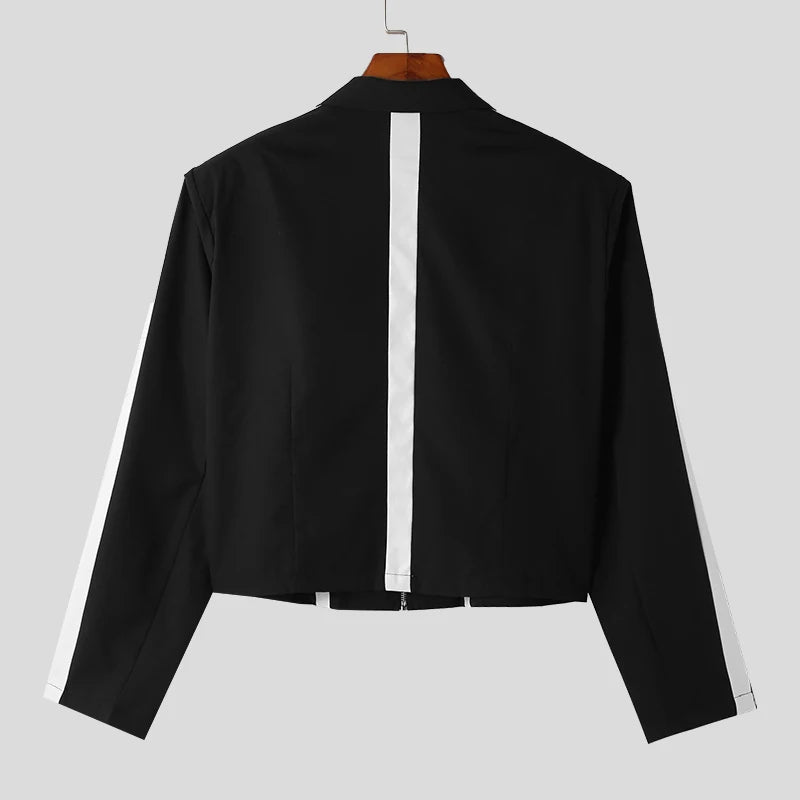 Men's Patchwork Lapel Long Sleeve Zipper Casual Crop Jacket S-5XL
