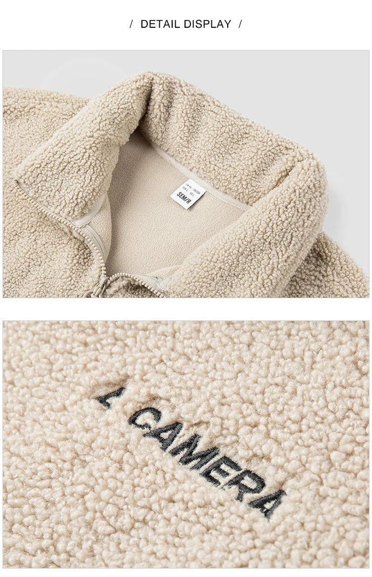 Men's Loose Fit Fleece Jacket - Plush Embroidered Stand Collar Winter Coat