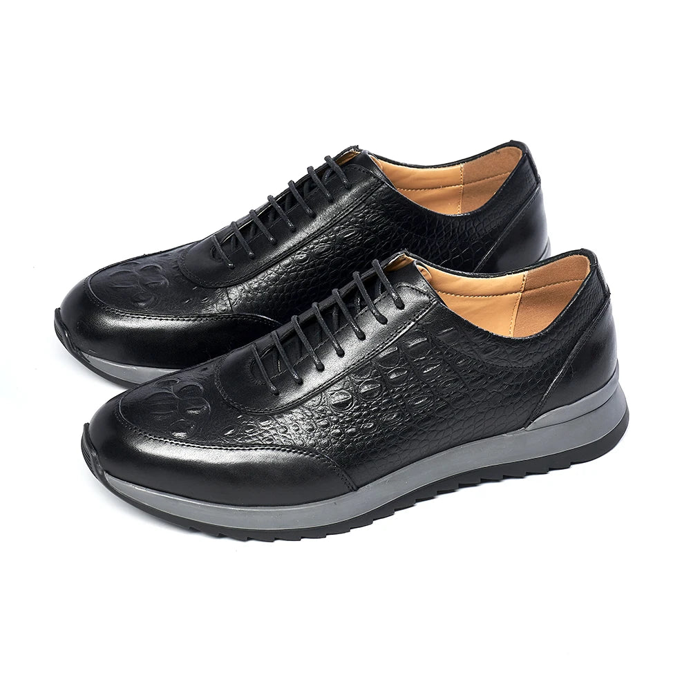 Men's Genuine Leather Crocodile Pattern Oxford Sneakers – Lace-Up Casual Flat Shoes