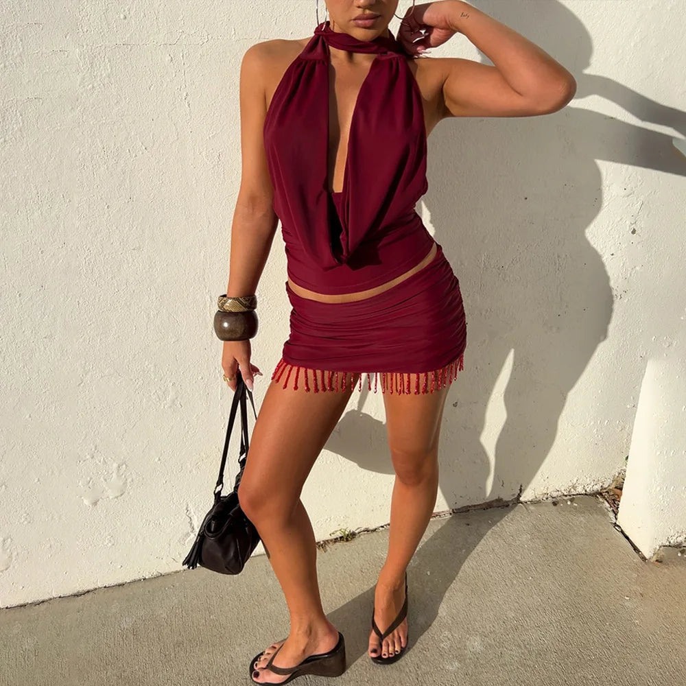 Women's Elegant Ruched Draped Halter 2 Piece Set - Top & Mini Skirt