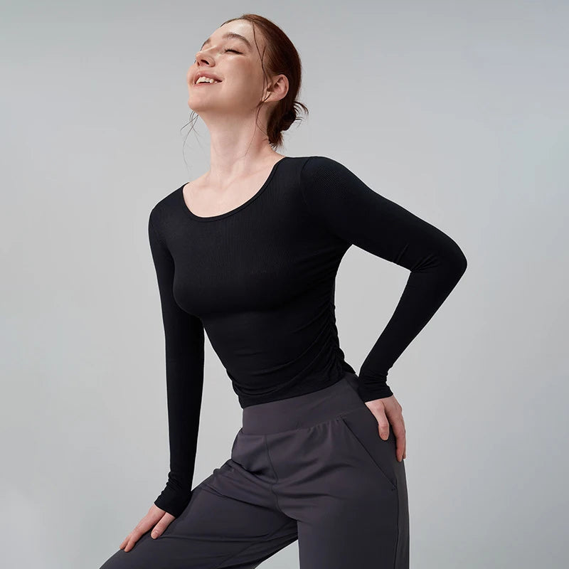 Ribbed Gym Top - Long Sleeve Drape Sides Yoga Shirt with Dry Fit