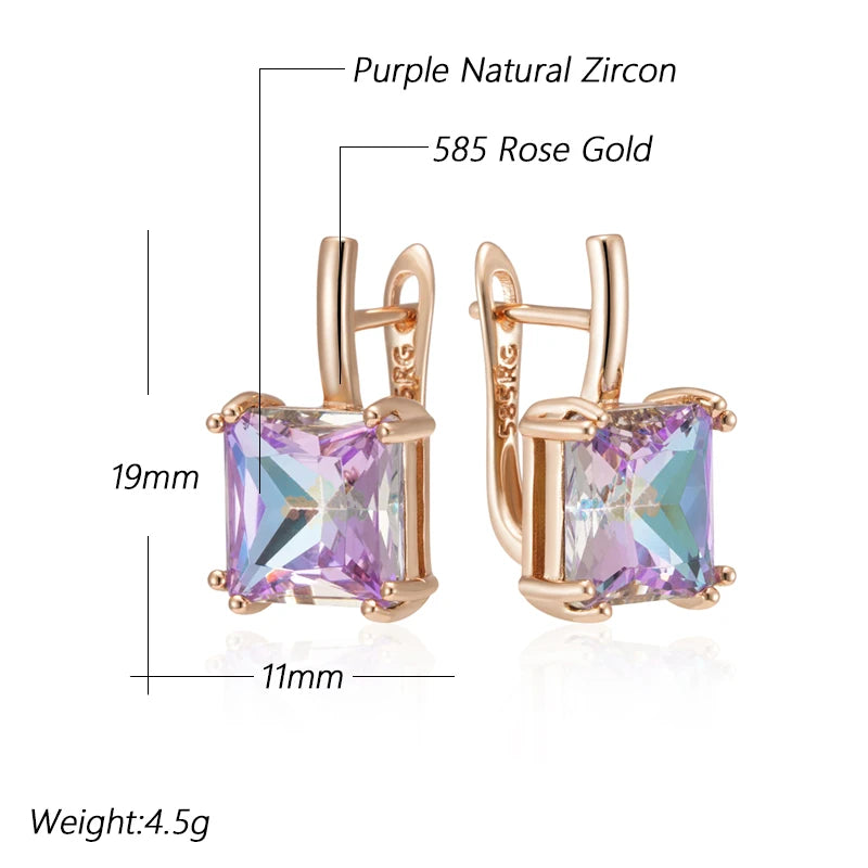 Square Purple Natural Zircon English Earrings for Women 585 Rose Gold