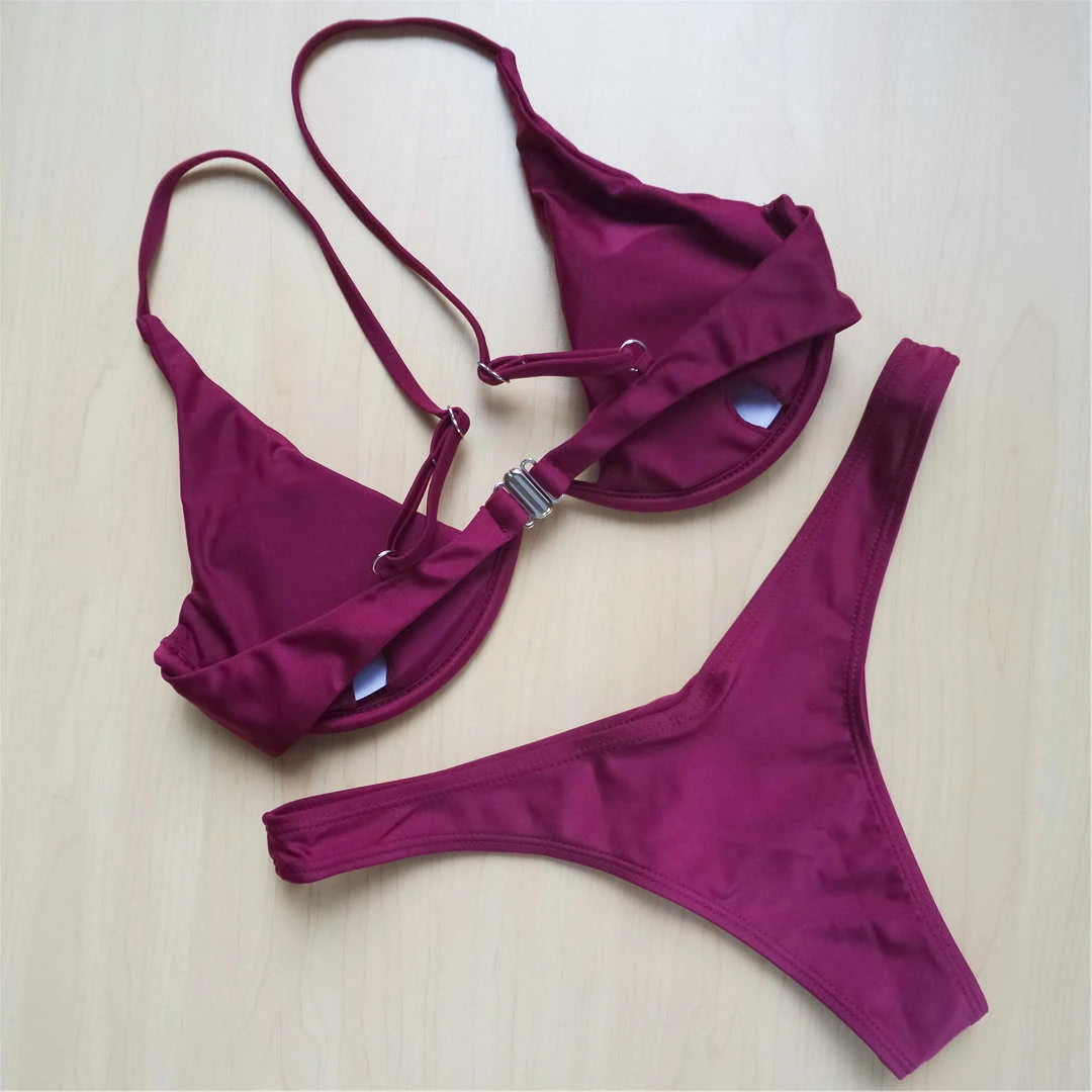 Women's V-Bar Underwired Bikini Set | V-Shape Wire Padded Two-Piece Swimwear