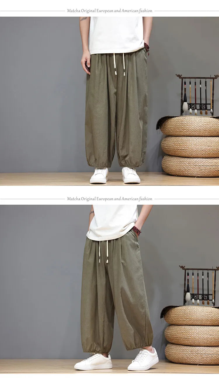 Men's Summer Wide Leg Pants Casual  Breathable Loose Ankle Length  Harem Trousers