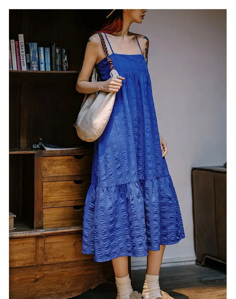 Women's Blue Seersucker Sleeveless A-Line Beach Dress - Summer Vacation Strappy Slip Dress