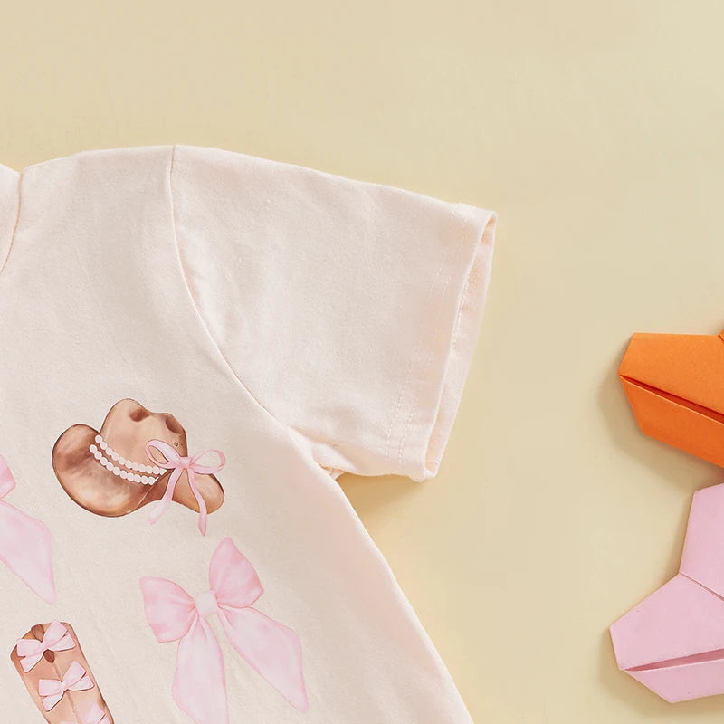 2pcs Kids Girls Summer Clothes Set Short Sleeve Bow Boots Print T Shirt and Tulle Skirt 0-5Y