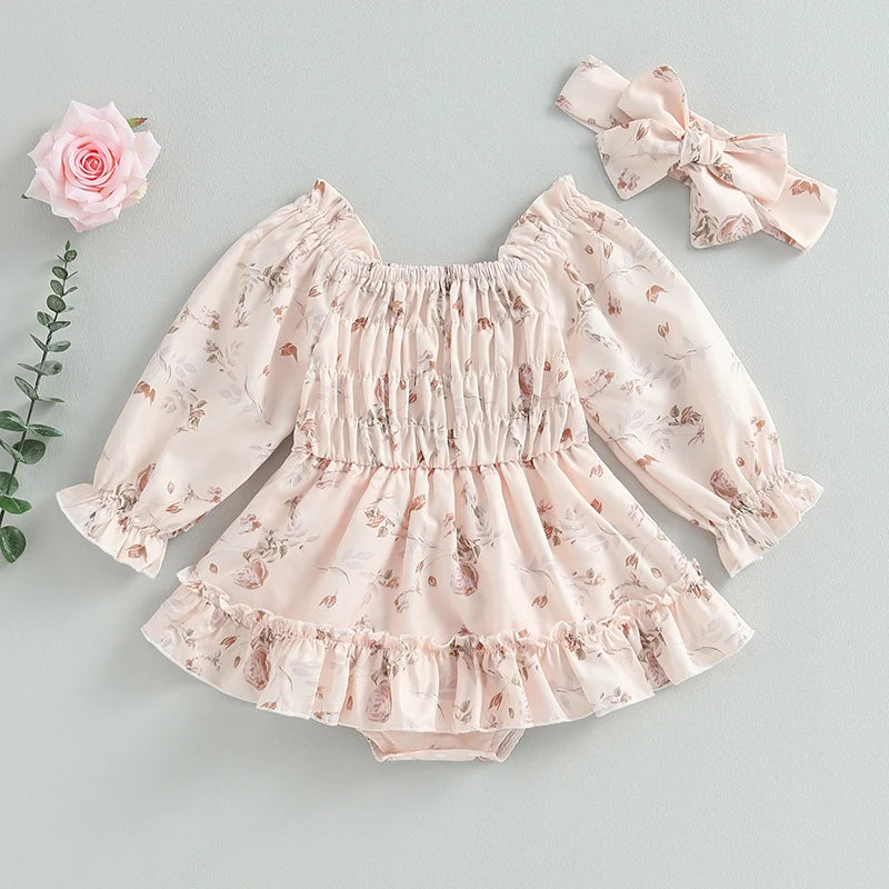 Princess Baby Girl Romper Dress - Ruffles Long Sleeve Floral Print with Headband