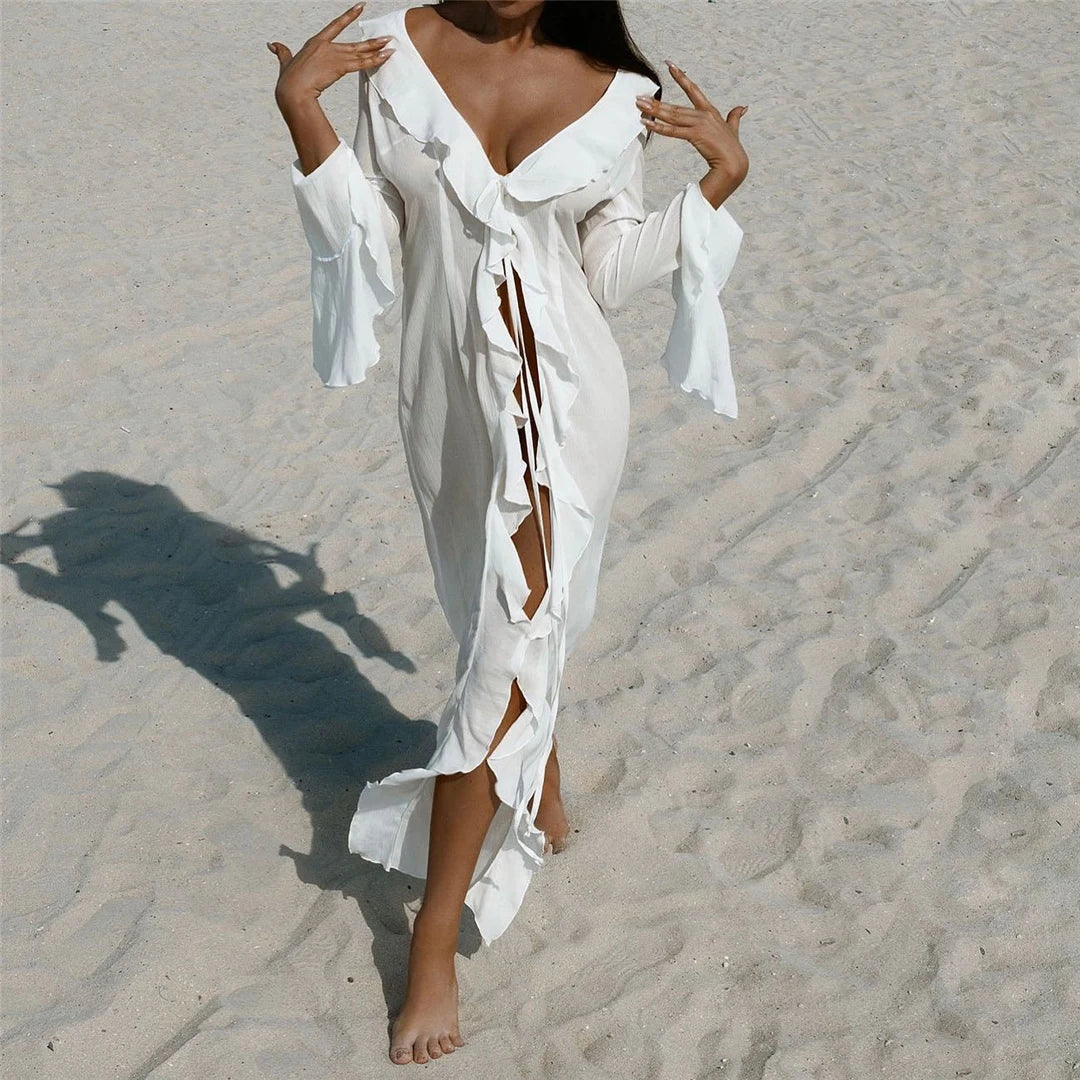 V Neck Ruffled Long Sleeve Chiffon Beach Cover Up Dress